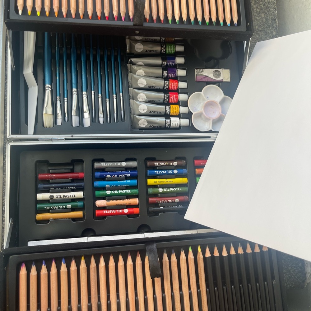 Art Supply Set with Pencils, Brushes, and Paints in Aluminum Case